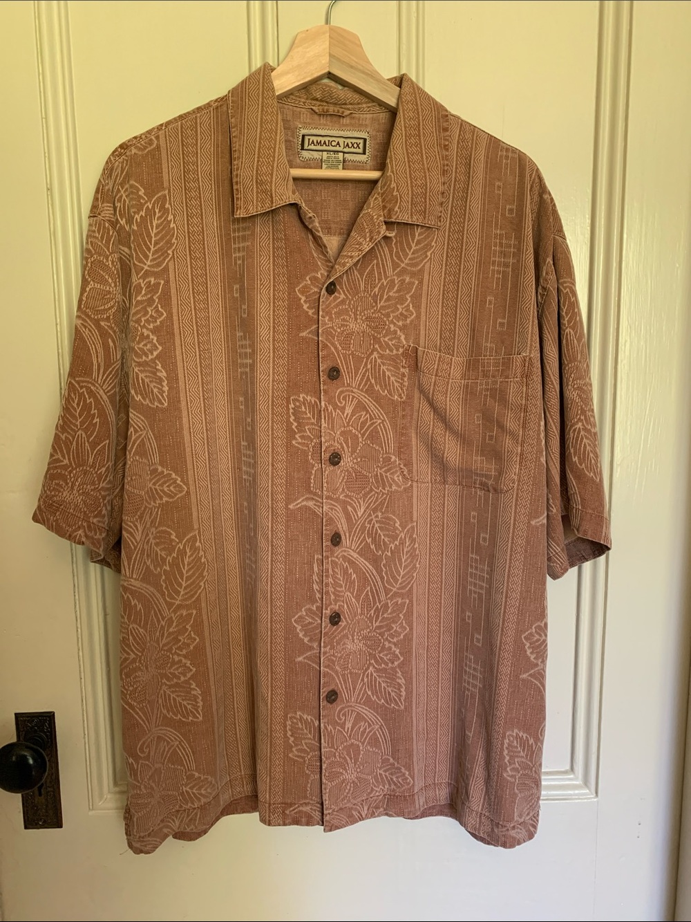 Jamaica Jaxx Men's Silk Short-Sleeve Floral Stripe Button-Up Shirt - Rust Brown